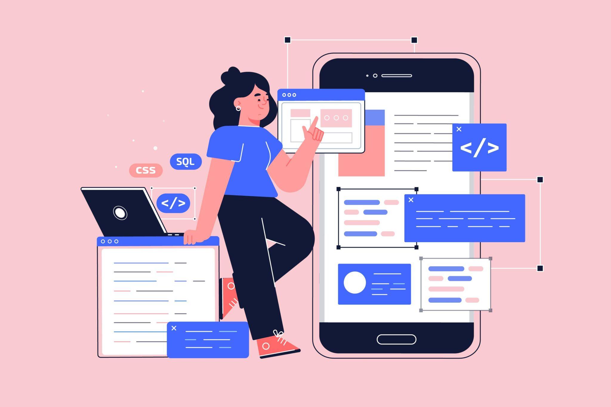 What is user experience? A graphic of a girl looking through a phone and a website.