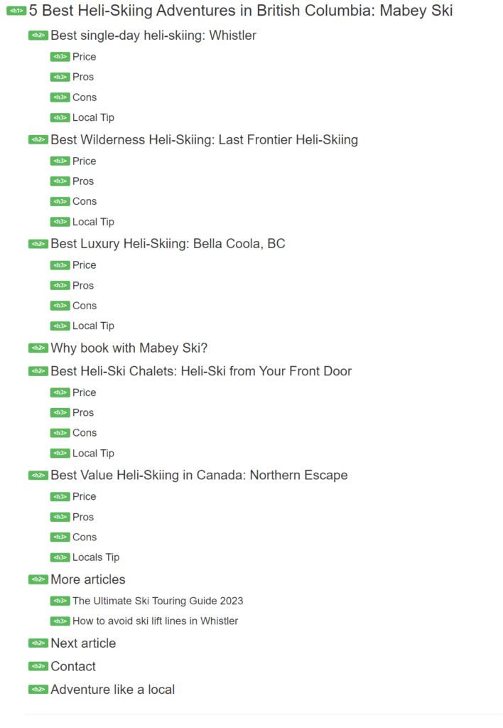 An image showing an example of a web page's good content structure with clearly organised title tag elements and headings