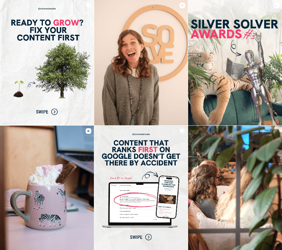 A screenshot of Solve Web Media's Instagram feed, showing a mixture of authoritative text-lead posts about content alongside people-first images inside their office. 
