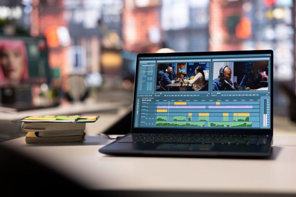 A laptop on a table with video editing software open on it's screen.
