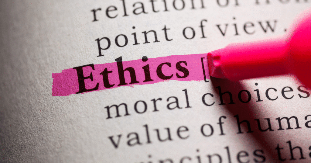 Ethics being highlighted in a dictionary to resemble ethics in digital marketing