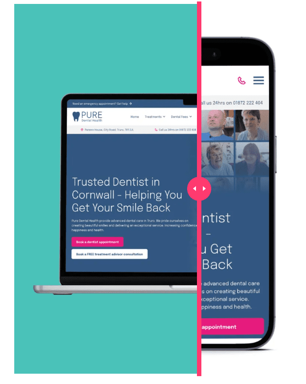 A slice between a computer and a phone version of Pure Dental's website, showing sustainable web design