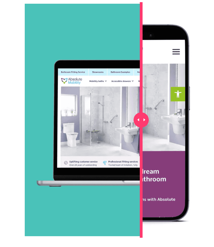 A slice between a computer and a phone version of Absolute Mobility's website, showing sustainable web design