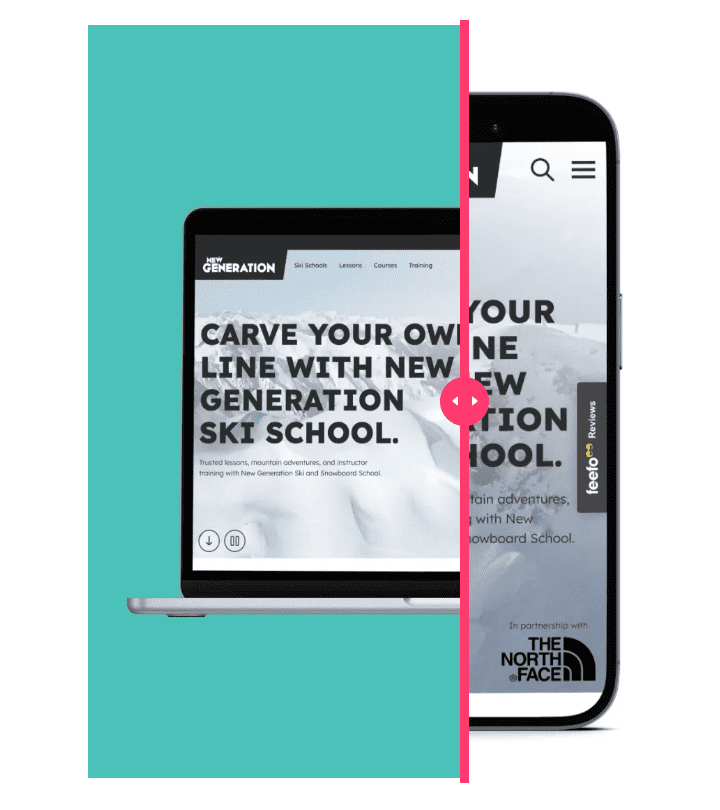 A slice between a computer and a phone version of Ski New Generation's website, showing sustainable web design