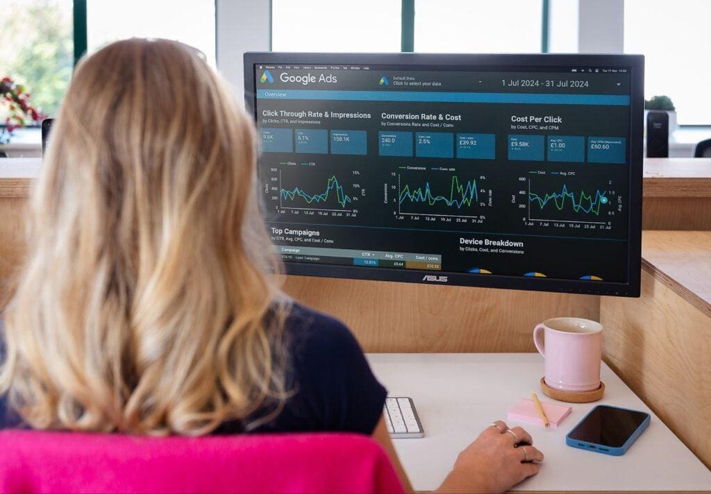 Blonde girl sits at her desk looking at a computer screen showing pay per click results on google ads, with a pink mug on the desk.