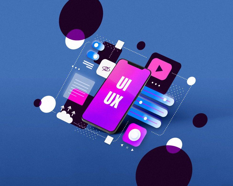 A graphic of a smart phone with a purple screen showing the words "UI" and "UX". Play buttons and phone toggles surround the phone.